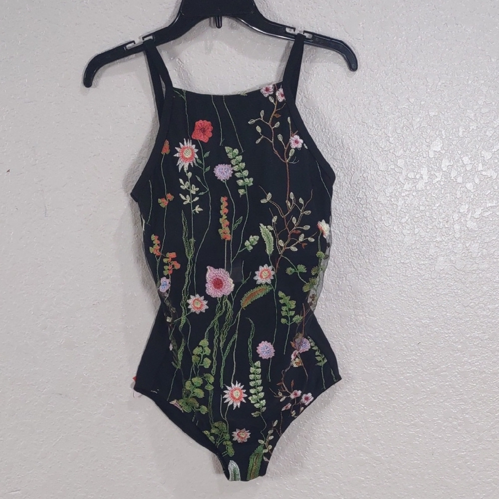 COCO CABANA Girls XL Floral Embroidered One Piece Swimsuit - Black